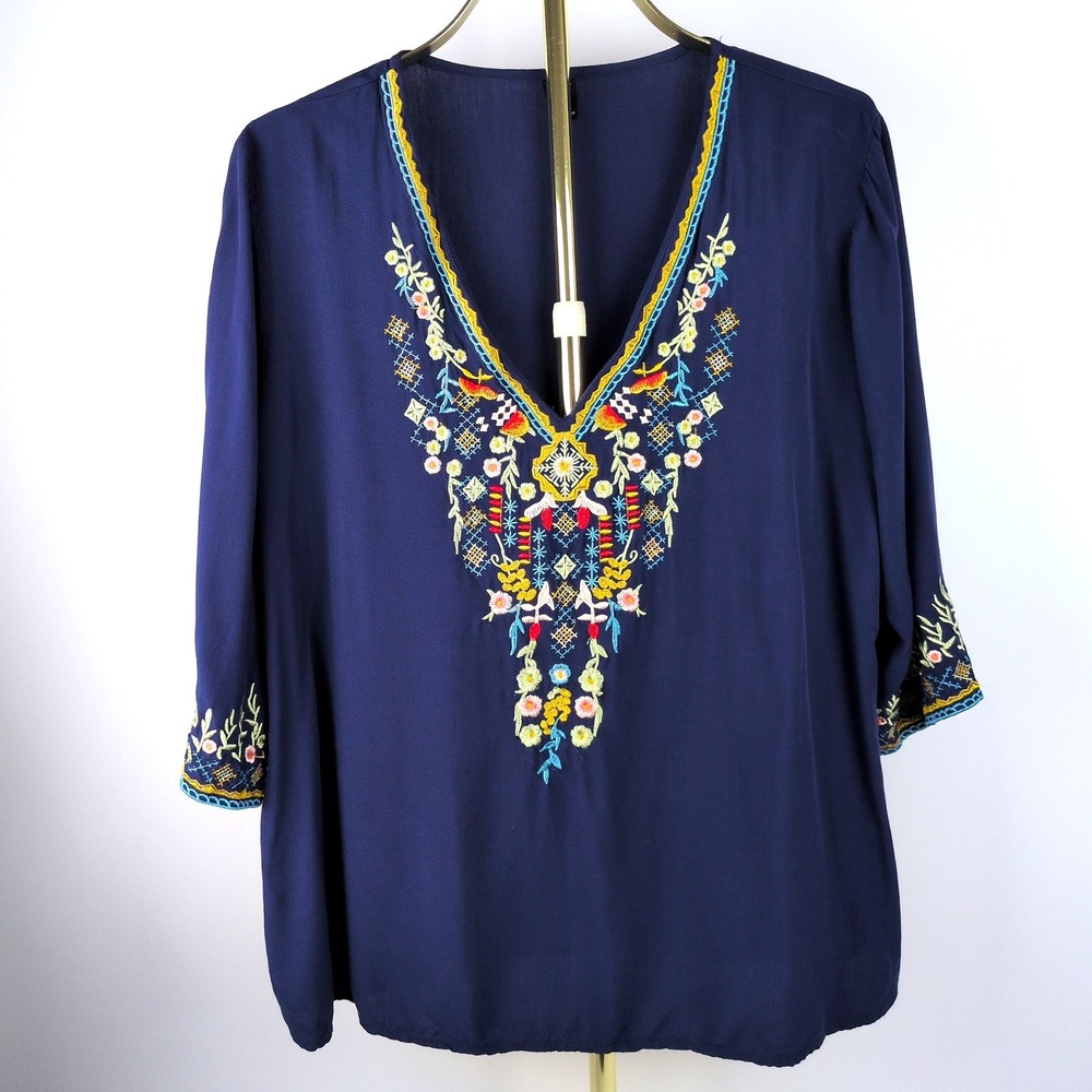 Emery Rose Women XXL Blouse Navy Blue Embroidered Boho V-Neck Top